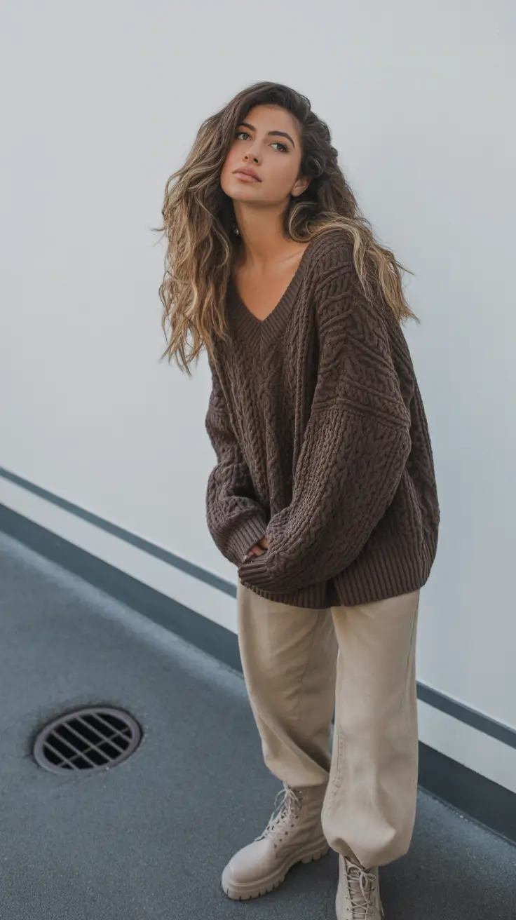 casual winter outfits ideas 2025 2026 Relaxed Cable-Knit Charm