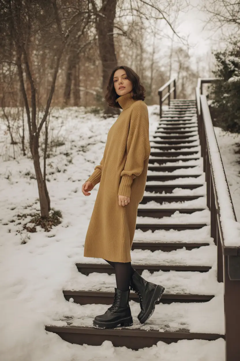 casual winter outfits ideas 2025 2026 Rustic Knit Dress Vibes