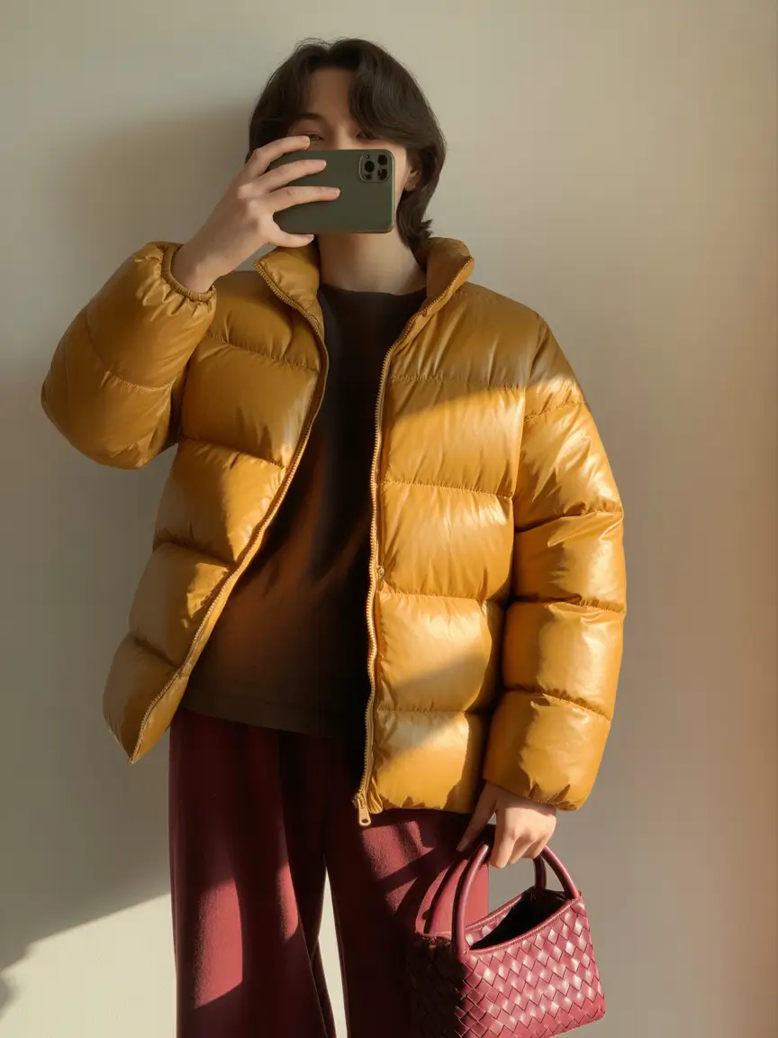Golden Hour Puffer with Burgundy Contrast