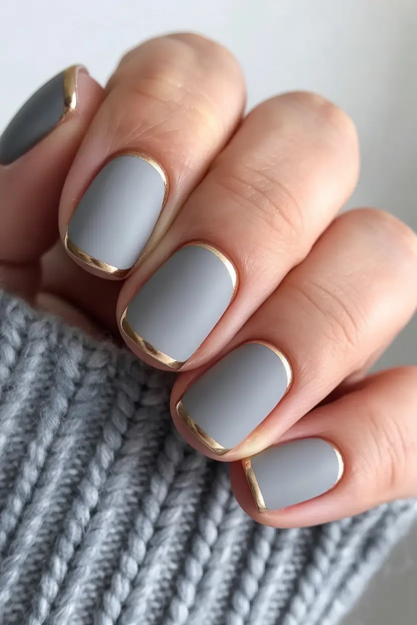 Fall Matte Nail Designs 2025 Minimalist Gray with Gold Edges