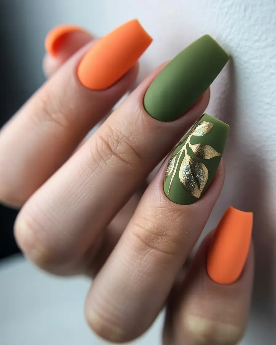Fall Matte Nail Designs 2025 Olive and Burnt Orange Harmony