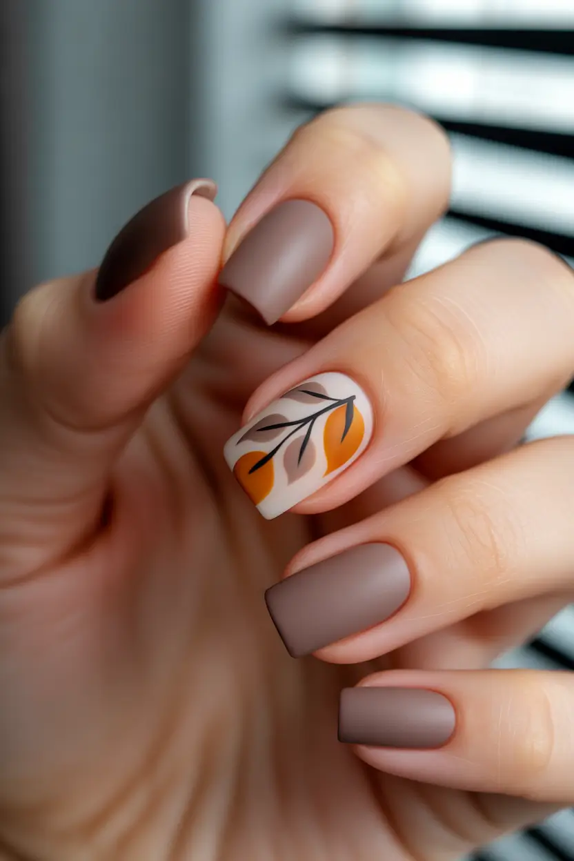 Fall Matte Nail Designs 2025 Neutral Leafy Charm