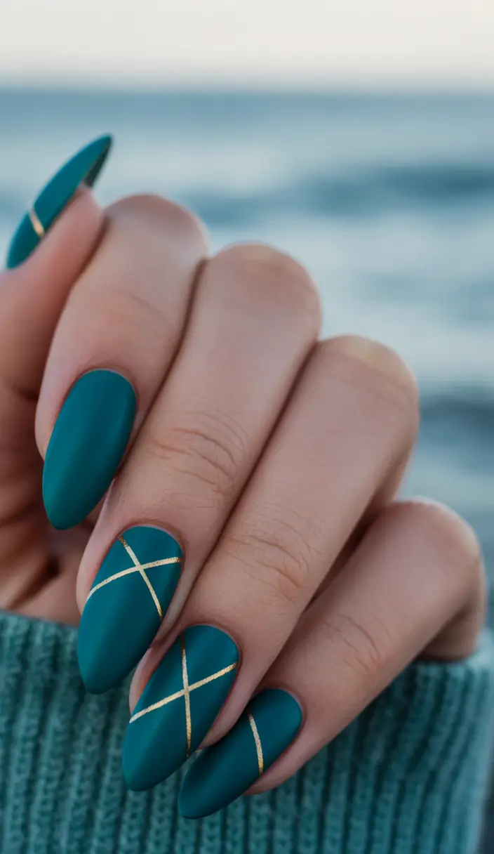 Fall Matte Nail Designs 2025 Teal Elegance with Golden Lines