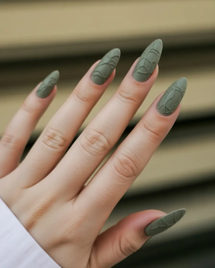 Fall Matte Nail Designs 2025 Olive Green Texture Play