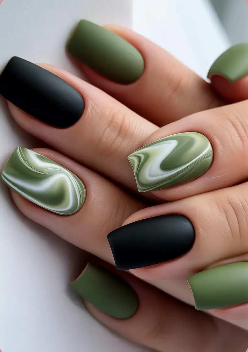 Fall Matte Nail Designs 2025 Marbled Green and Black Fusion