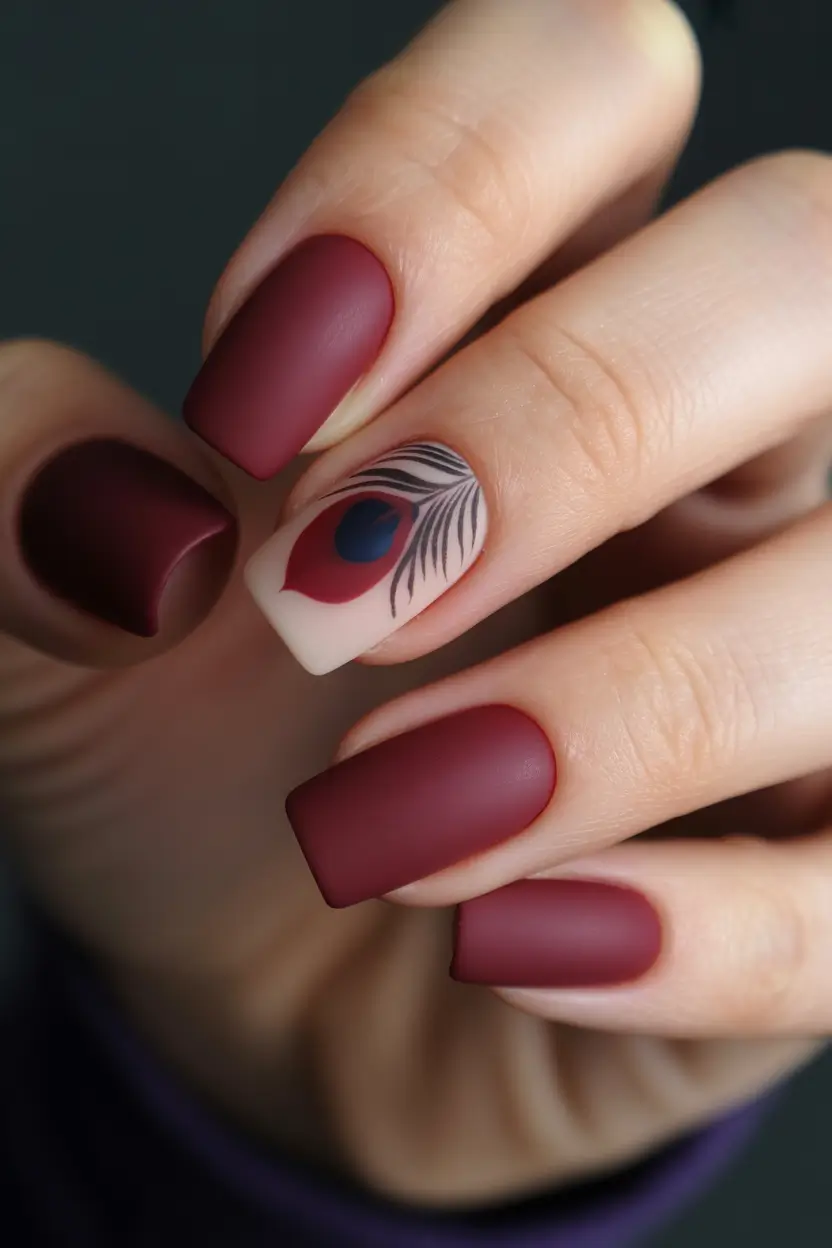 Fall Matte Nail Designs 2025 Velvety Burgundy with Artistic Accent