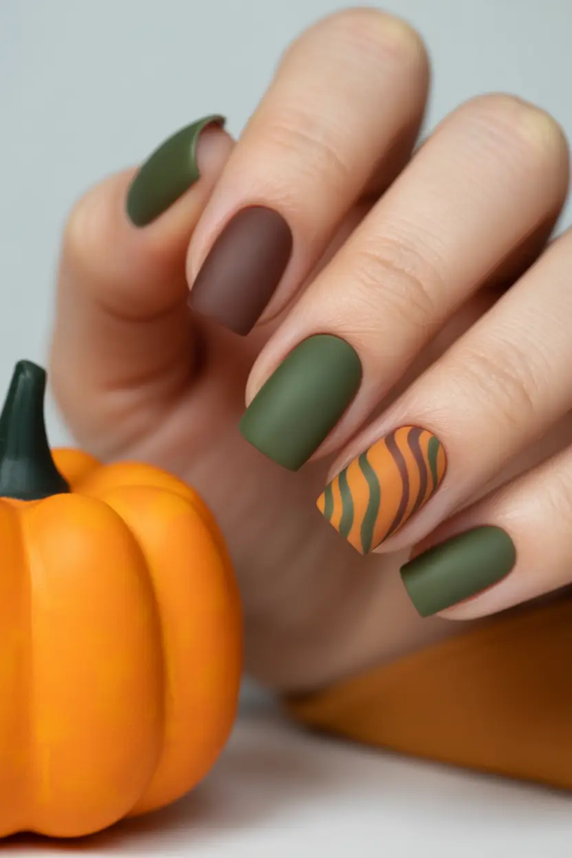 Fall Matte Nail Designs 2025 Earthy Olive and Burnt Orange Stripes