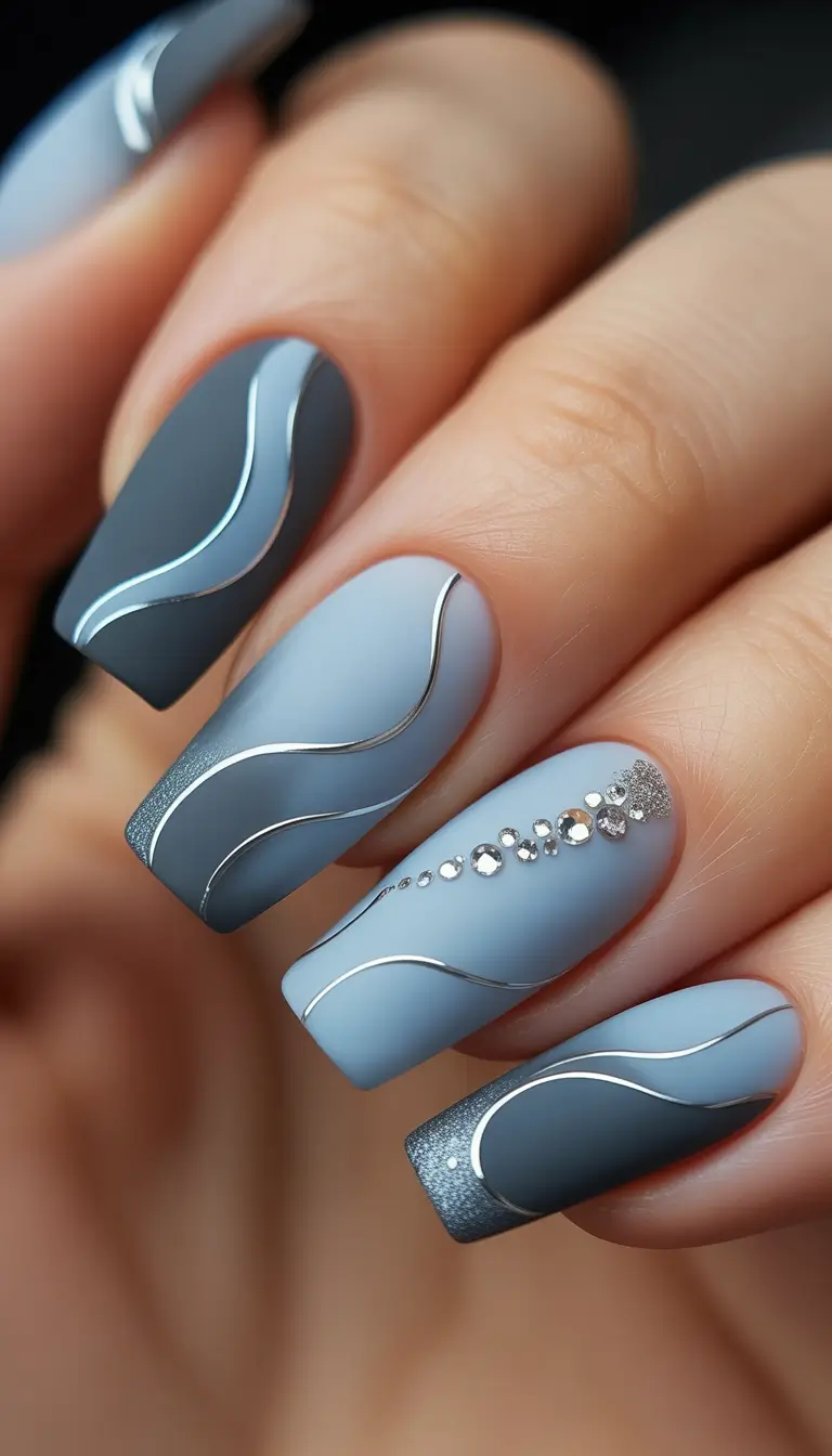 Fall Matte Nail Designs 2025 Blue Grey Elegance with Silver Details