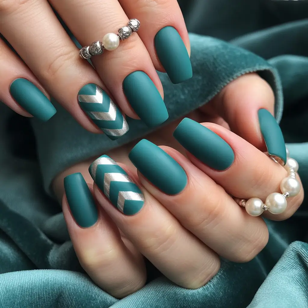Fall Matte Nail Designs 2025 Teal and Metallic Chevron Pop