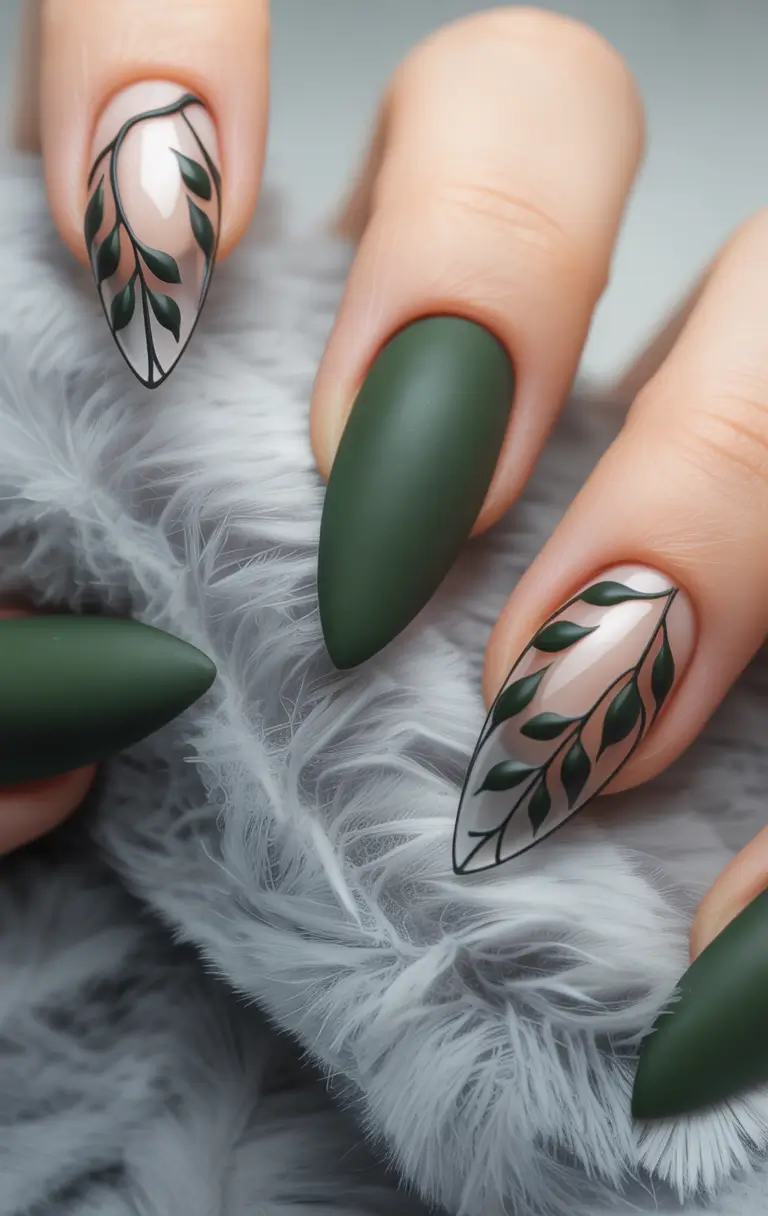 Fall Matte Nail Designs 2025 Almond Shape with Leafy Green Motifs