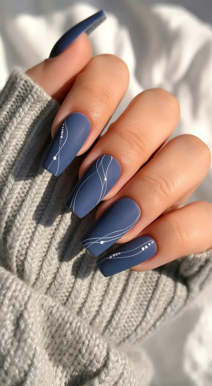Fall Matte Nail Designs 2025 Soft Blue Matte with White Accents