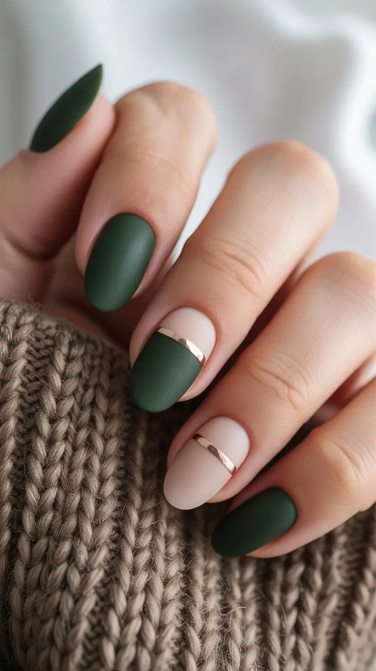 Fall Matte Nail Designs 2025 Forest Green Minimalist with Gold Accents