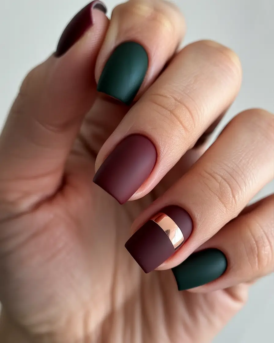 Fall Matte Nail Designs 2025 Two-Tone Forest Charm