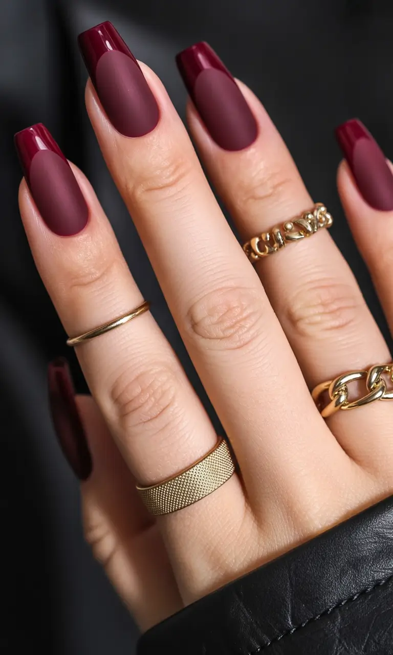 Fall Matte Nail Designs 2025 Gloss Meets Matte Burgundy