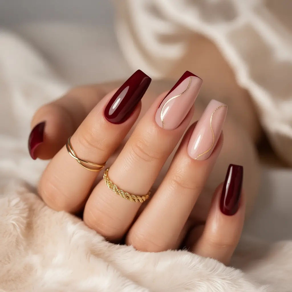 Fall Nail Color Inspo for November 2025 Burgundy and Nude Waves