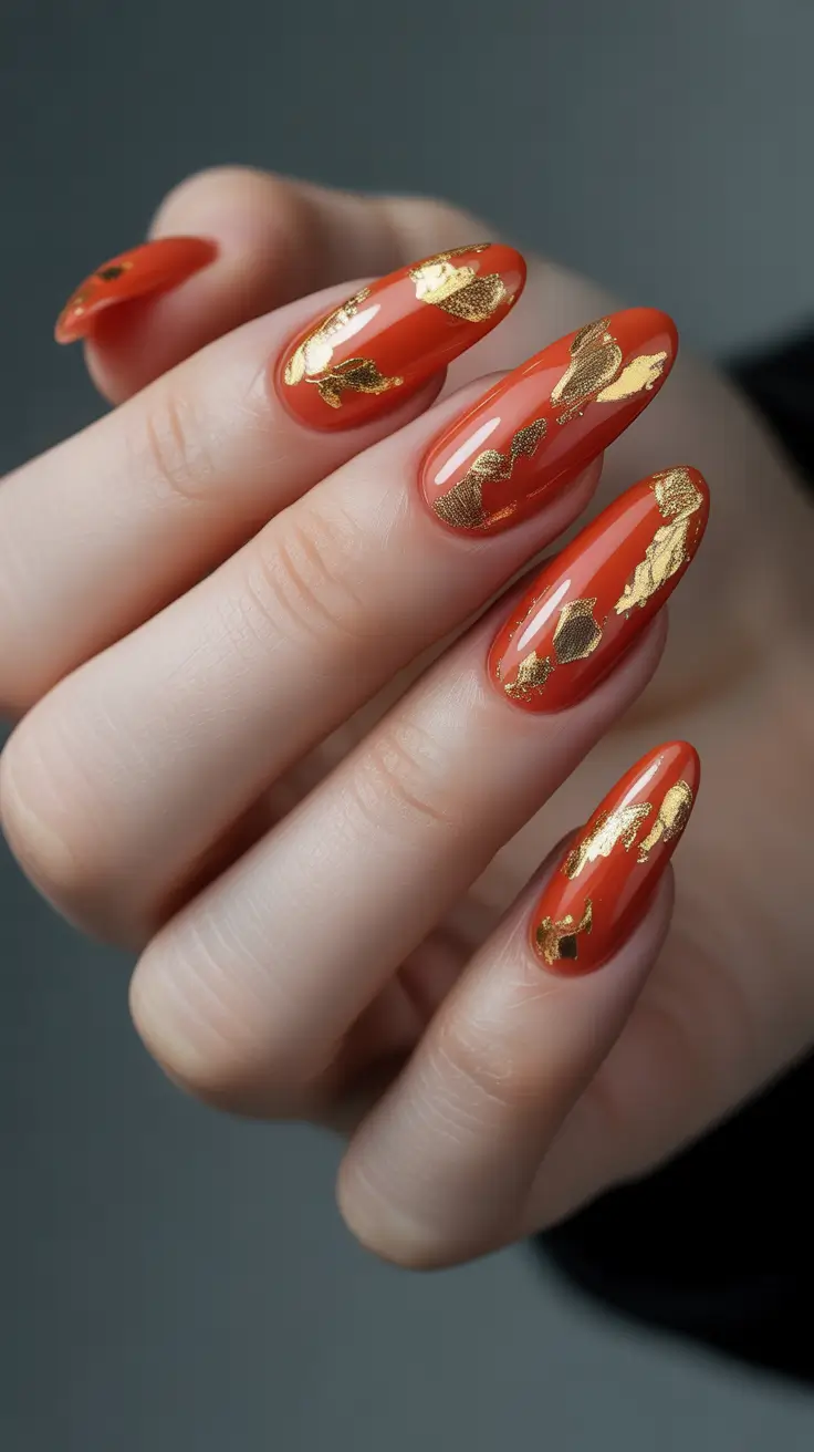 Fall Nail Color Inspo for November 2025 Golden Leaf Accents