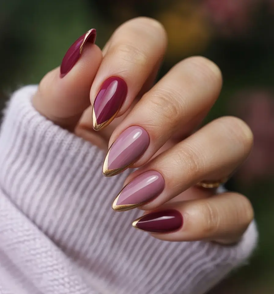 Fall Nail Color Inspo for November 2025 Burgundy and Rose Gold French Tips