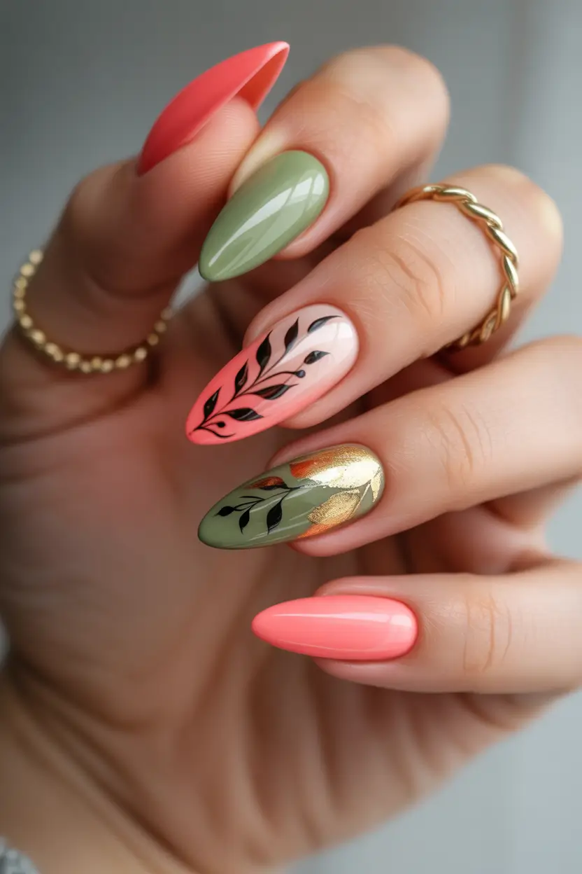 Fall Nail Color Inspo for November 2025 Coral and Sage Botanical