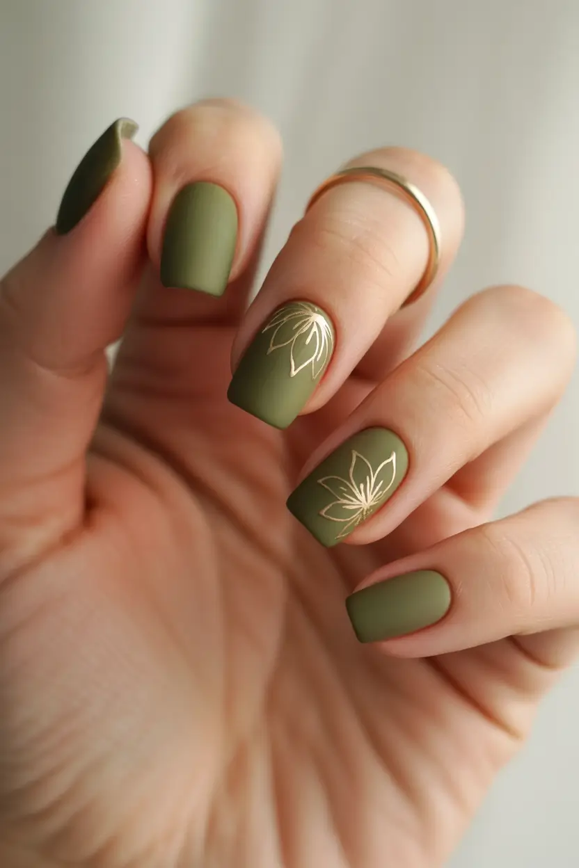 Fall Nail Color Inspo for November 2025 Matte Olive Blossoms