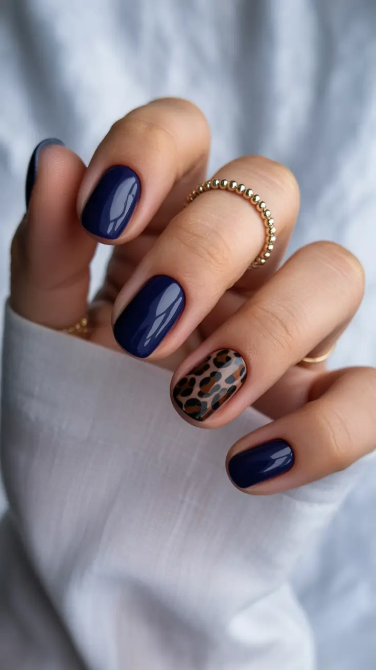 Fall Nail Color Inspo for November 2025 Navy Leopard Accent