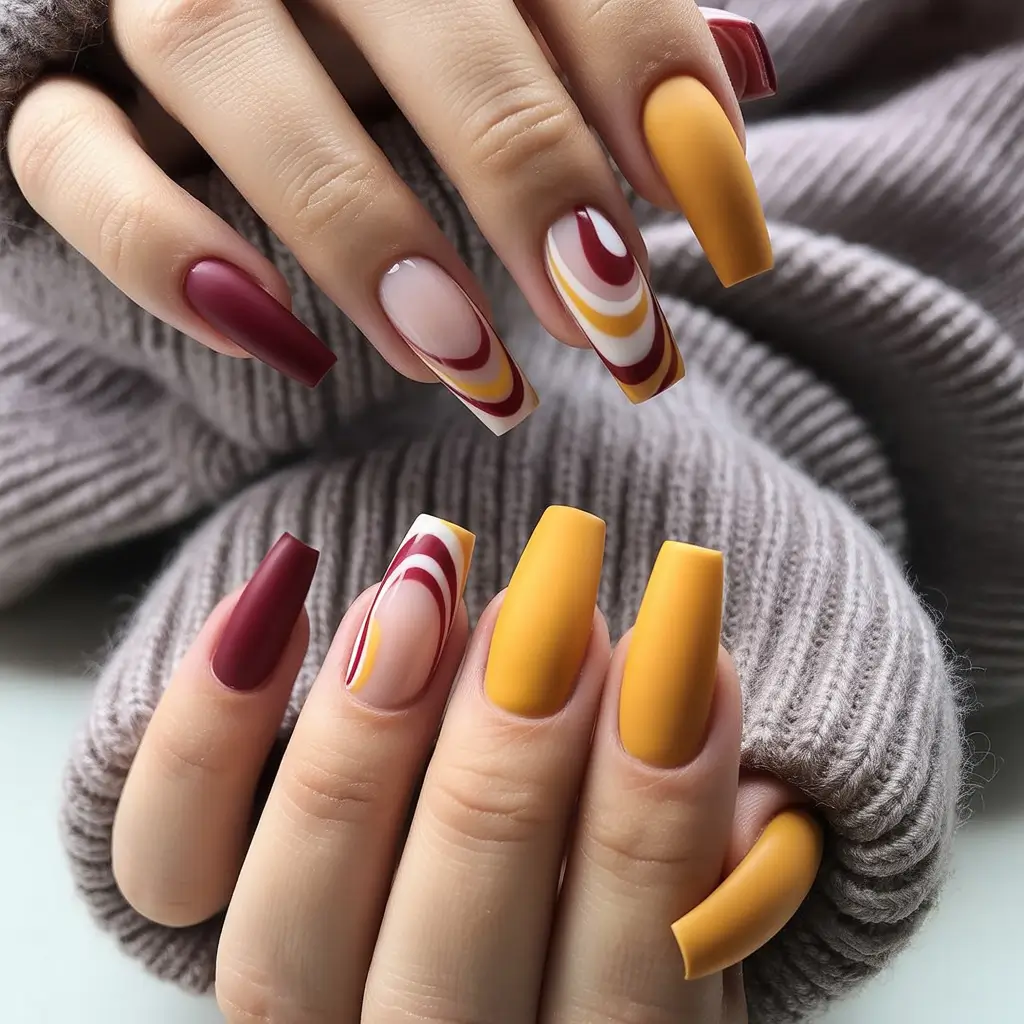 Fall Nail Color Inspo for November 2025 Retro Mustard and Burgundy Swirls
