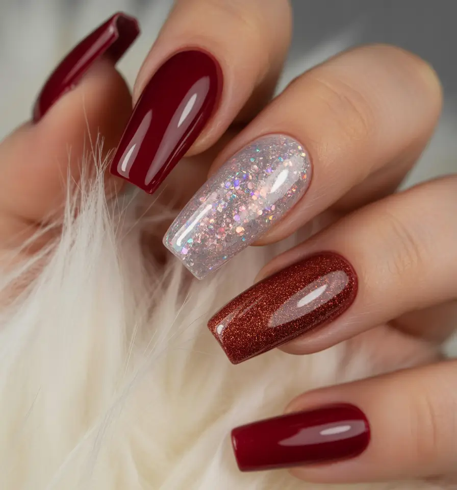 Fall Nail Color Inspo for November 2025 Ruby Red Sparkle