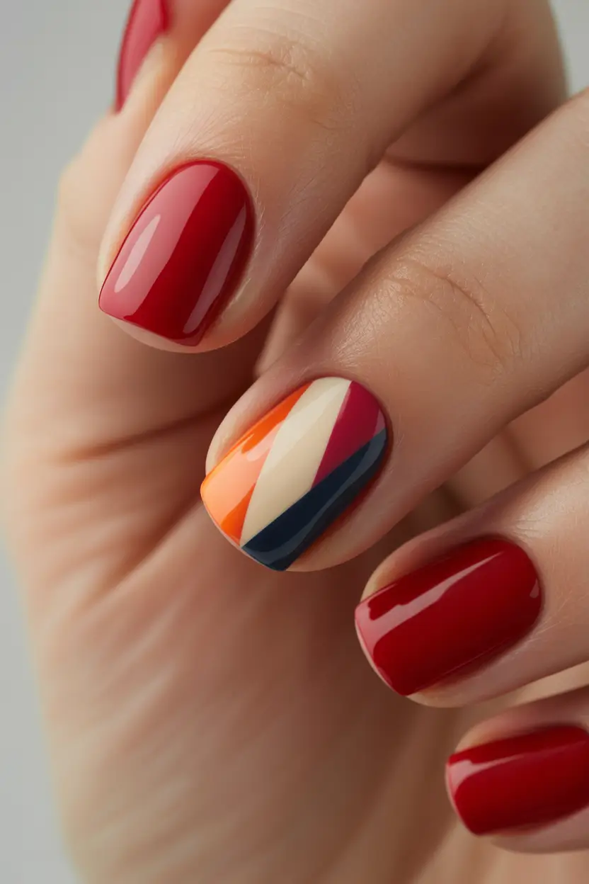 Fall Nail Design for November 2025 Bold Red with Geometric Twist