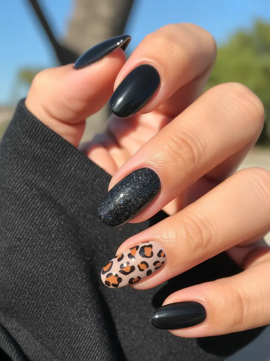 Fall Nail Design for November 2025 Chic Black with Leopard Accent