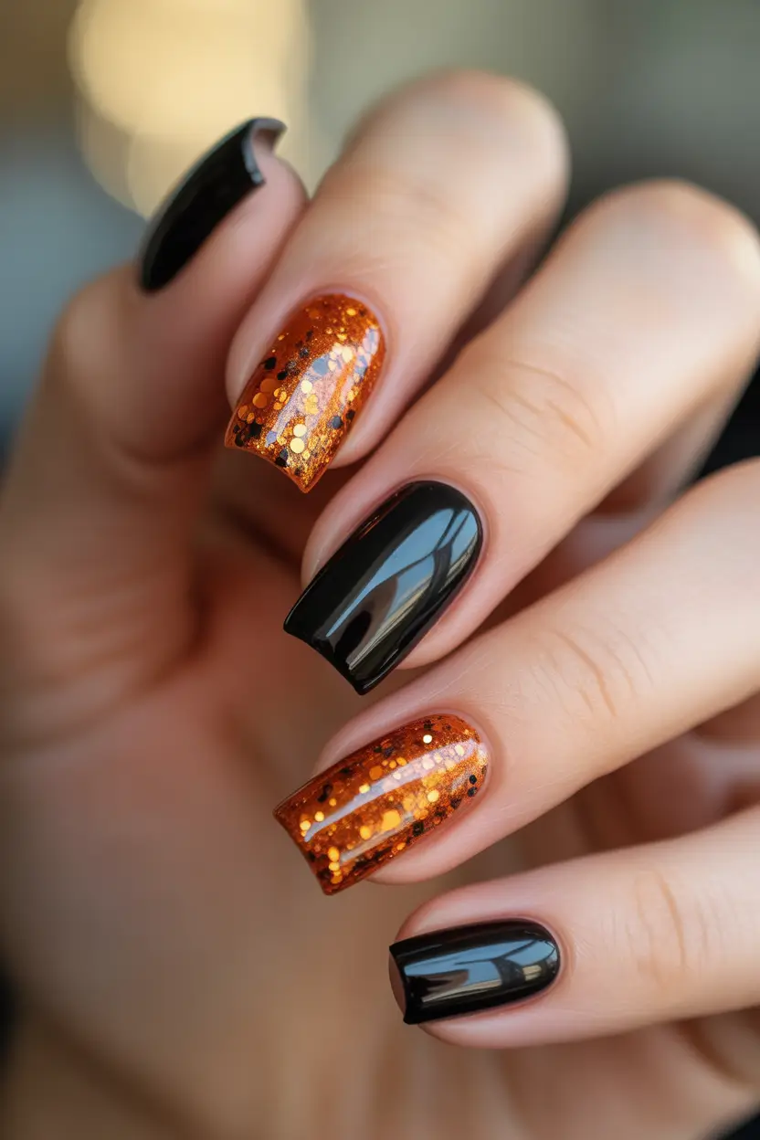 Fall Nail Design for November 2025 Glittering Copper and Black Contrast