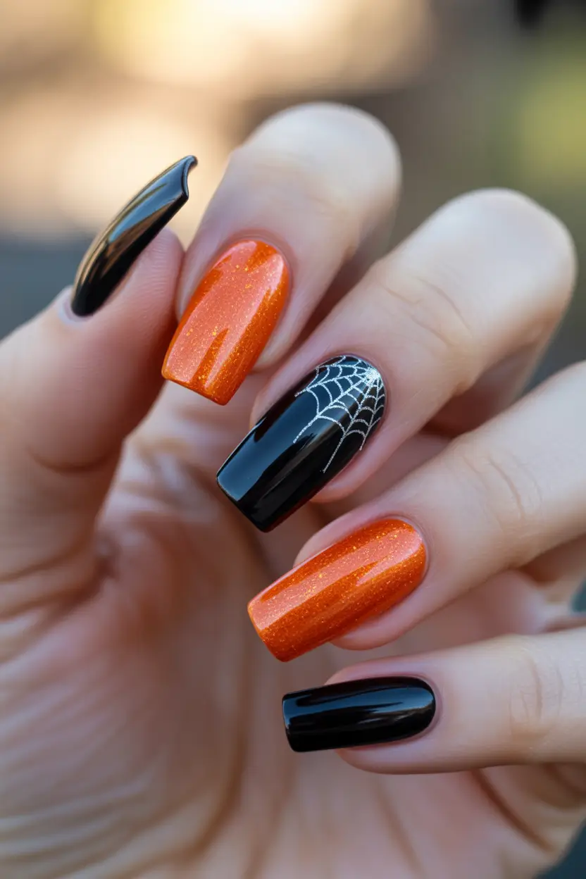 Fall Nail Design for November 2025 Spider Web Accent Drama