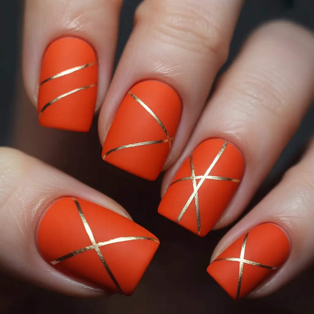 Fall Nail Design for November 2025 Orange Matte with Golden Lines