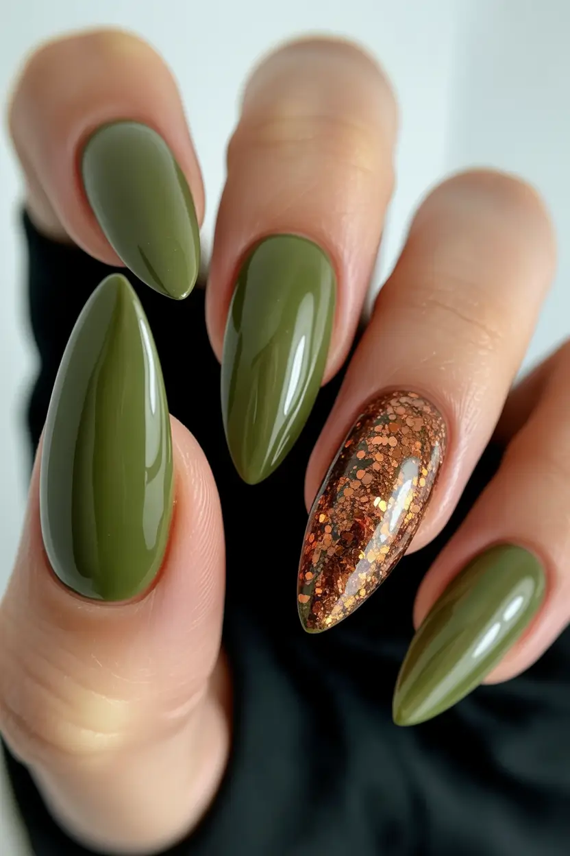 Fall Nail Design for November 2025 Olive Green with Copper Sparkle