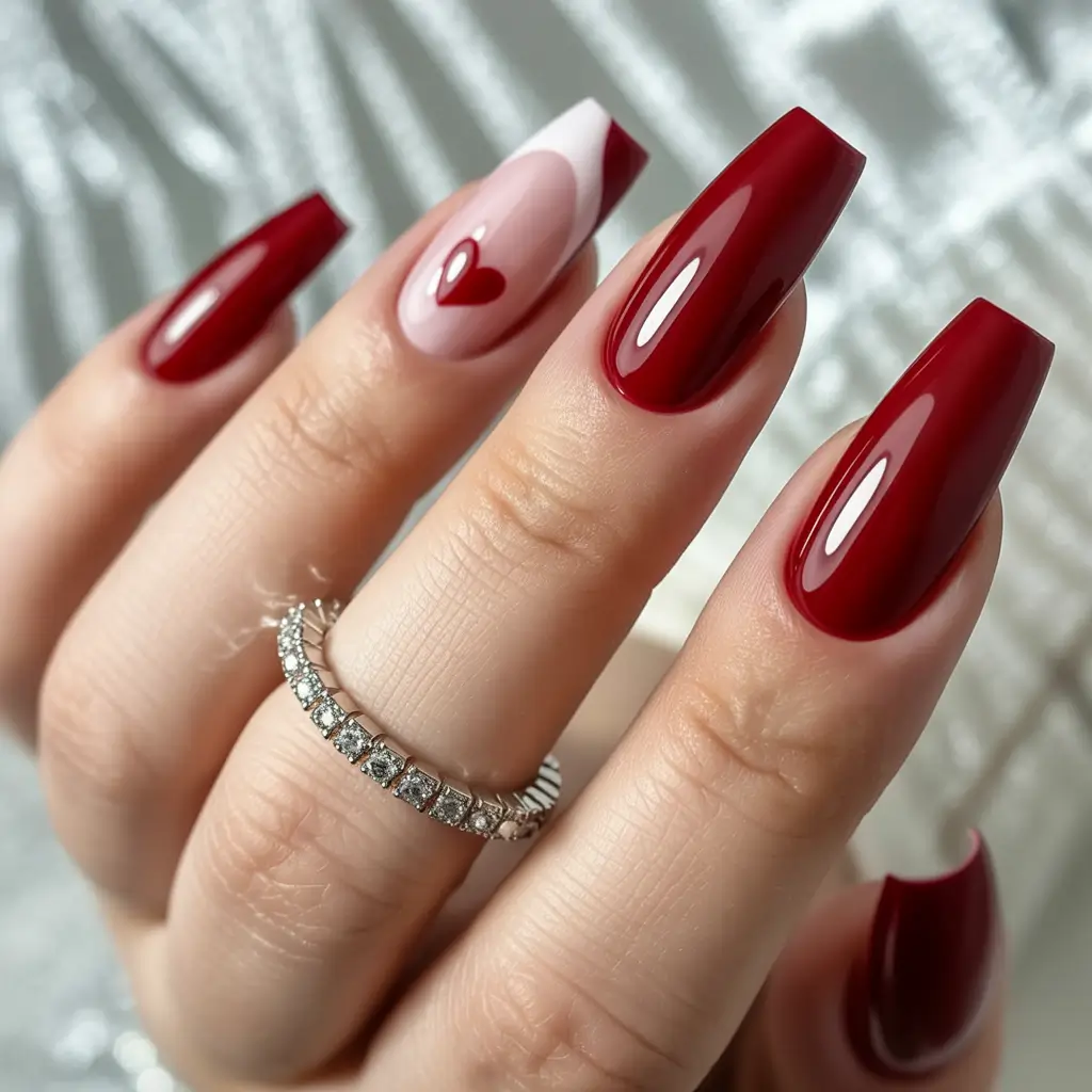 Fall Nail Design for November 2025 Classic Red with Heart Accent