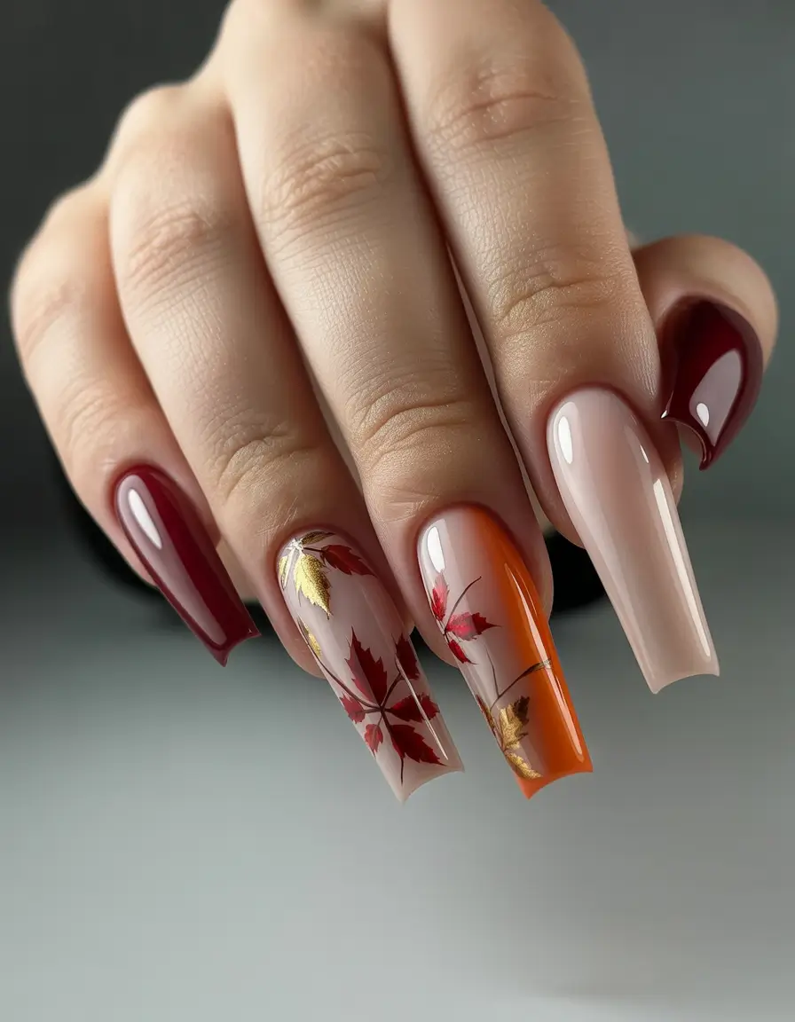 Fall Nail Design for November 2025 Elegant Burgundy Leaves
