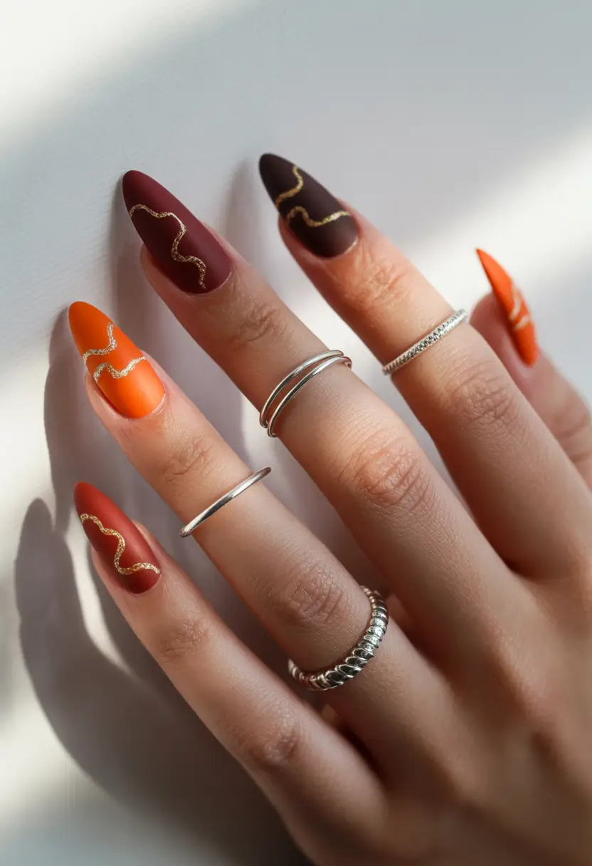 Fall Nail Design for November 2025 Warm Matte Tones with Golden Waves