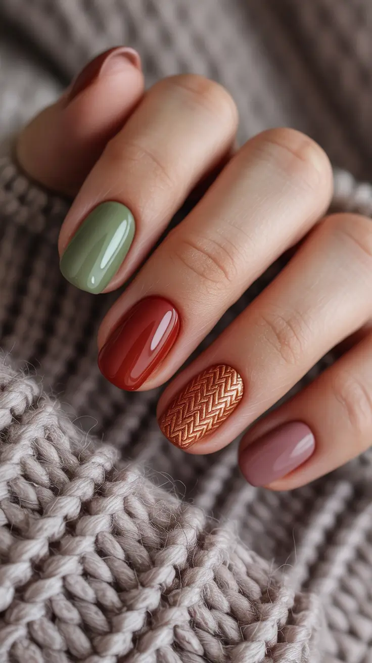 Fall Nail Design for November 2025 Multi-Tone Cozy Knit Vibes