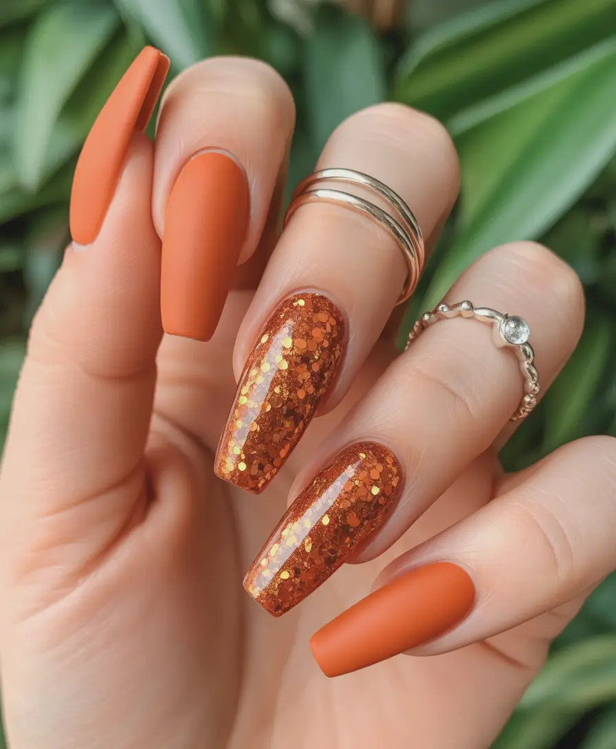 Fall Nail Design for November 2025 Burnt Orange Matte with Glitter Accent
