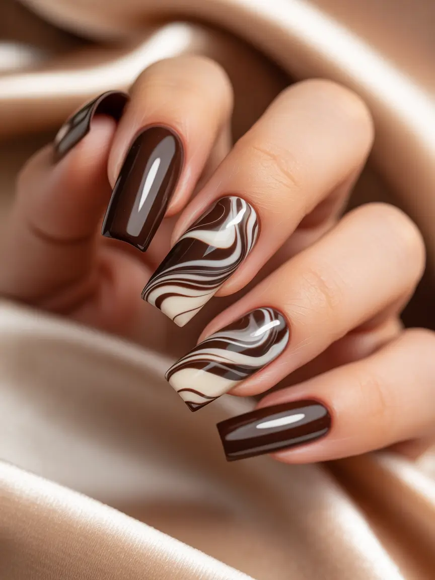 Fall Nail Design for November 2025 Chocolate Marble Elegance