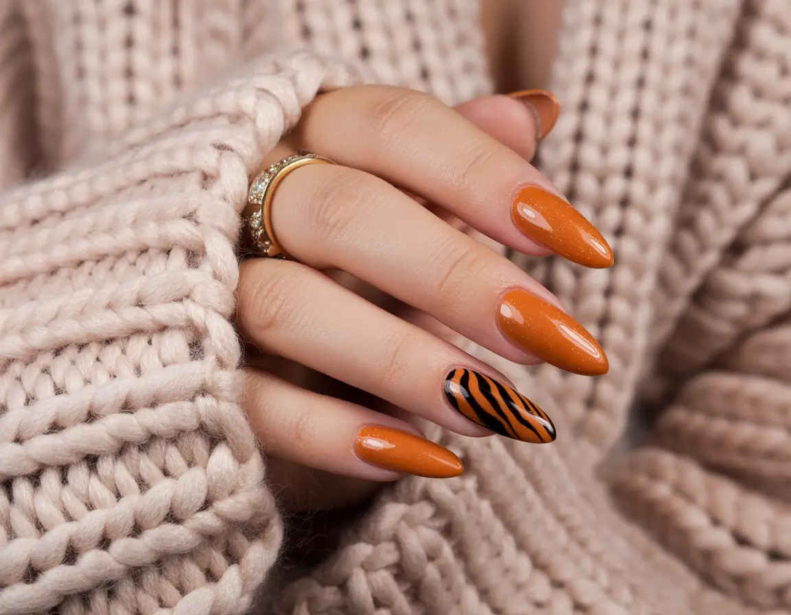 Fall Nail Design for November 2025 Cozy Pumpkin with Animal Print Accent