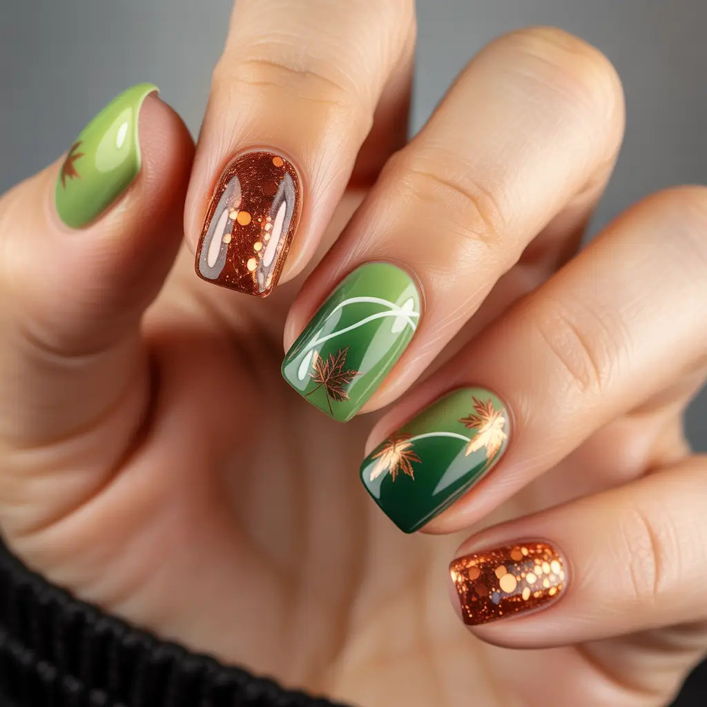 Fall Nail Design for November 2025 Fresh Green with Autumn Motifs