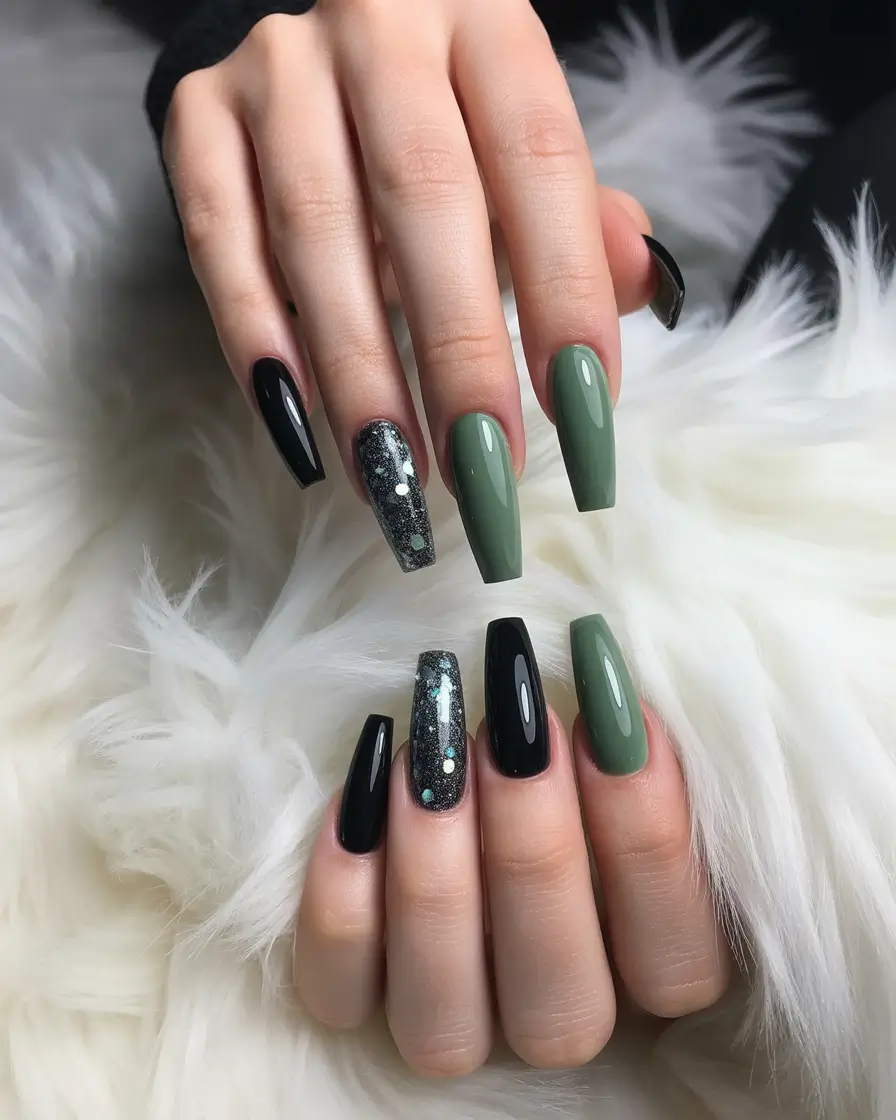Fall Nail Design for November 2025 Edgy Green and Black Contrast