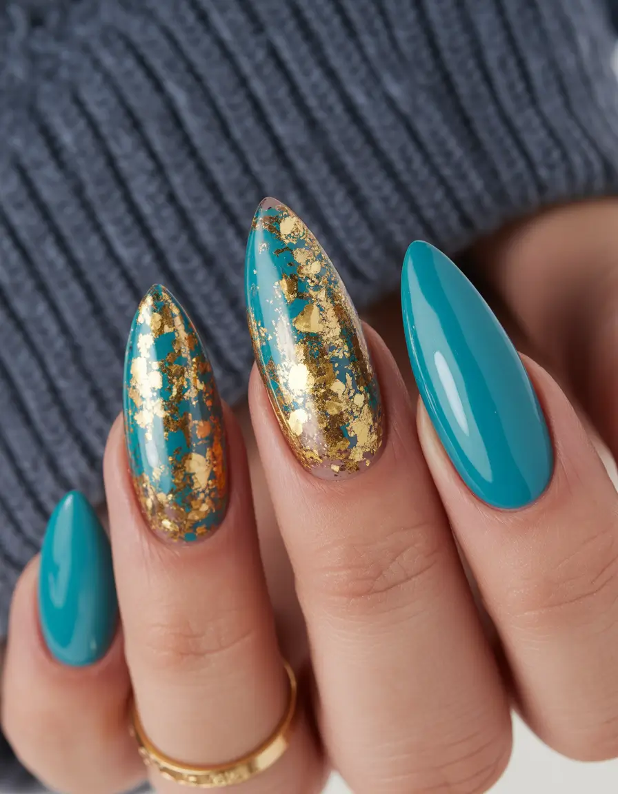 Fall Nail Inspo & Ideas 2025 Turquoise & Gold Foil Drama