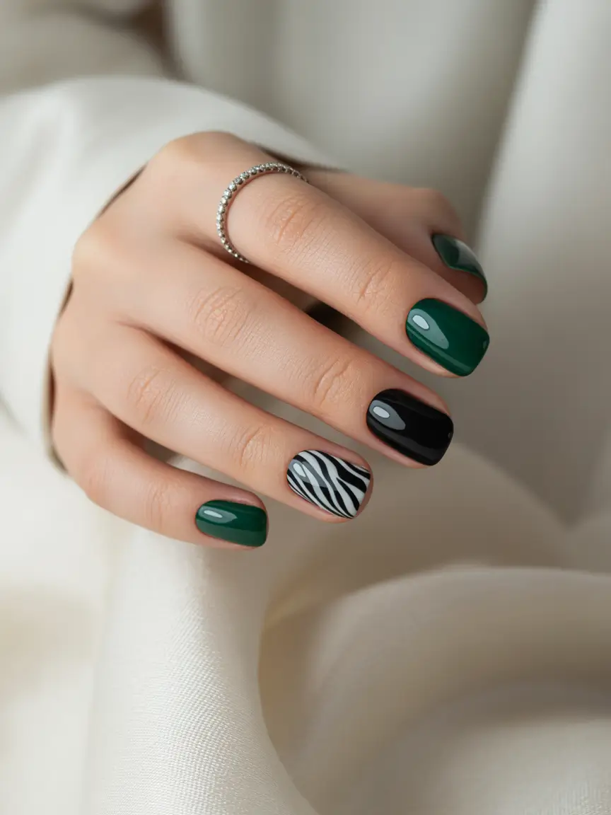 Fall Nail Inspo & Ideas 2025 Forest Green & Zebra Accent