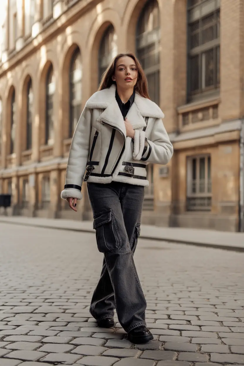 fall to winter outfits ideas 2025 Shearling Biker Edge