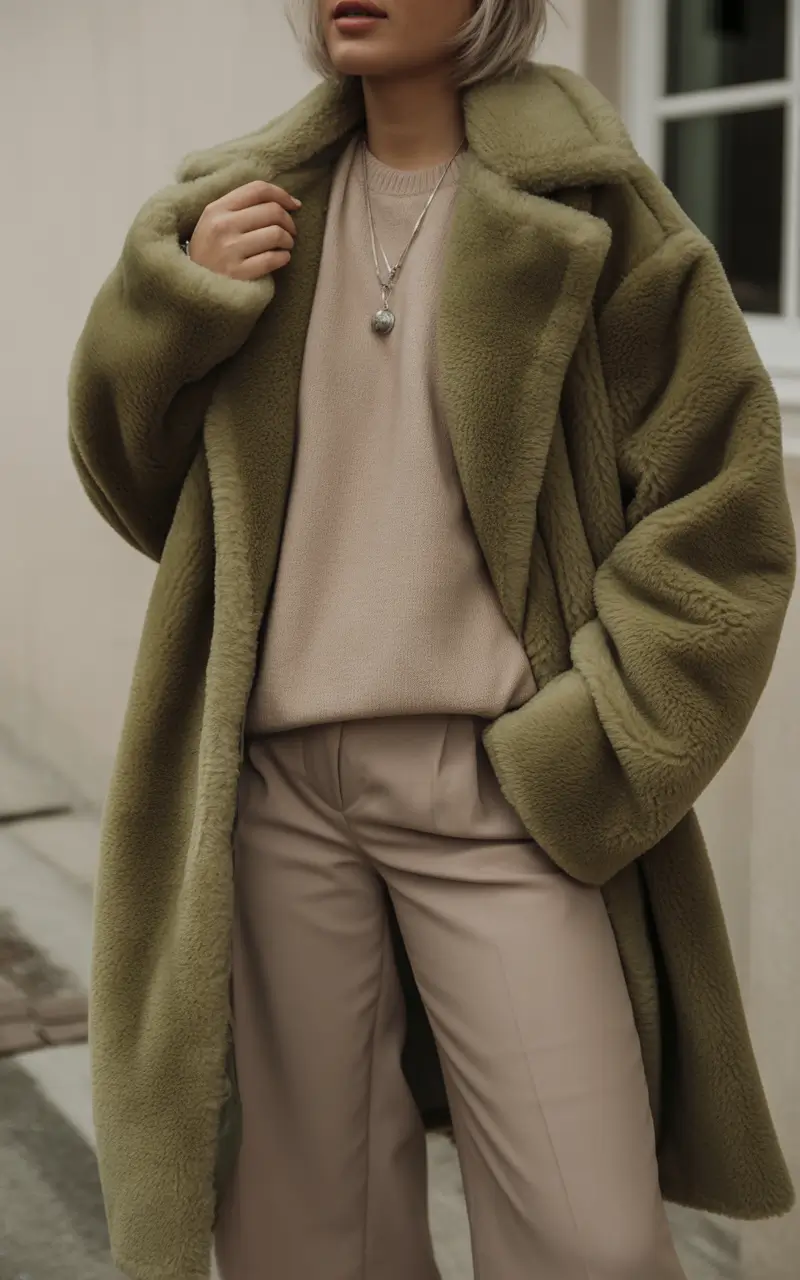 fall to winter outfits ideas 2025 Olive Faux Fur with Neutrals