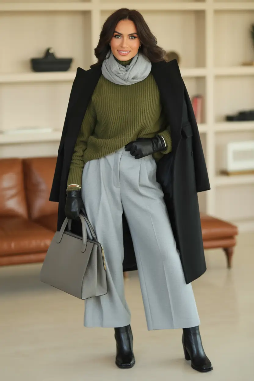 fall to winter outfits ideas 2025 Structured Green and Gray Mix
