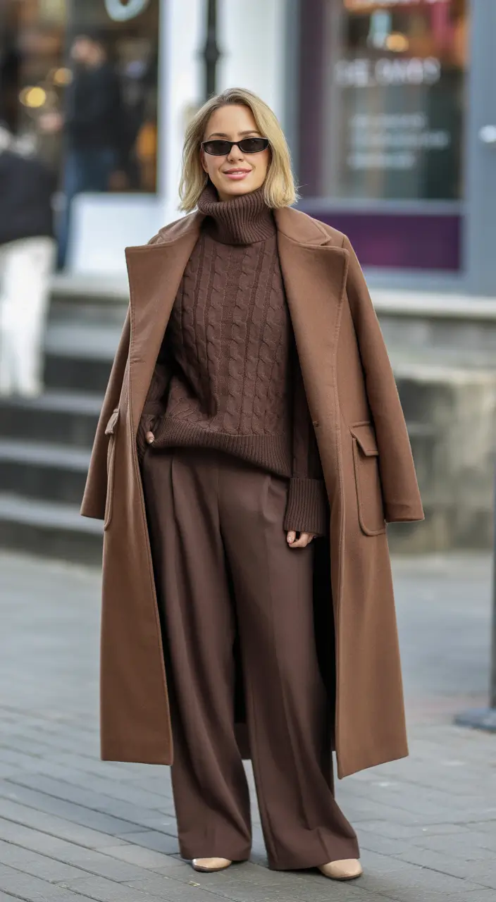 fall to winter outfits ideas 2025 Monochrome Brown Power Dressing