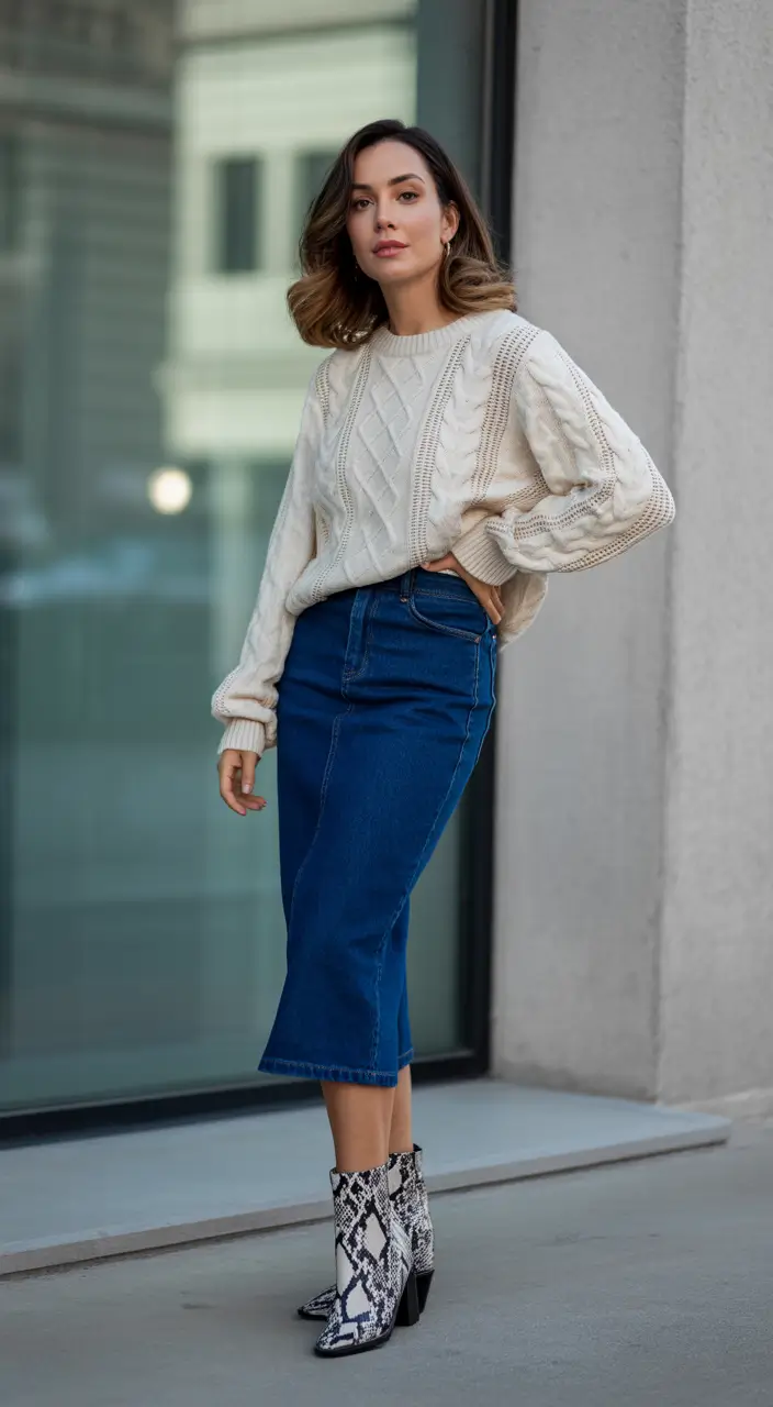 fall to winter outfits ideas 2025 Knit Sweater and Denim Skirt Mix