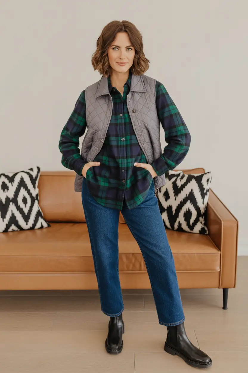 fall to winter outfits ideas 2025 Casual Plaid and Quilted Vest