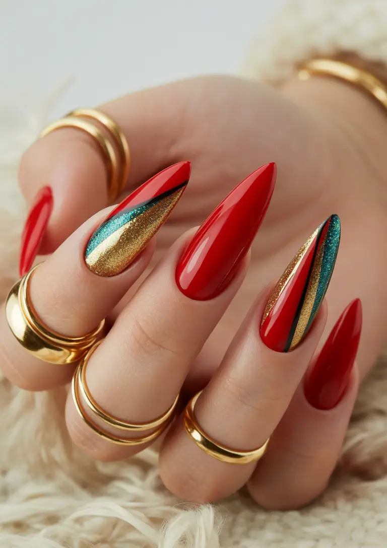 fall winter nails ideas 2025 2026 Red Drama with Metallic Accents